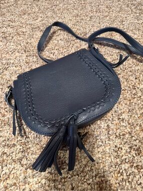 Navy Leather Crossbody Bag with Braided Trim and Tassels
